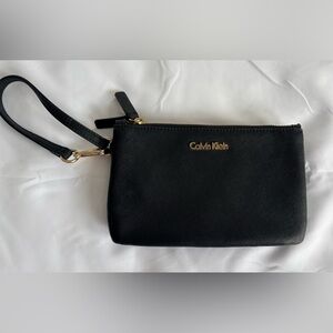 Calvin Klein Double Pouch Black Wristlet with Gold Accents